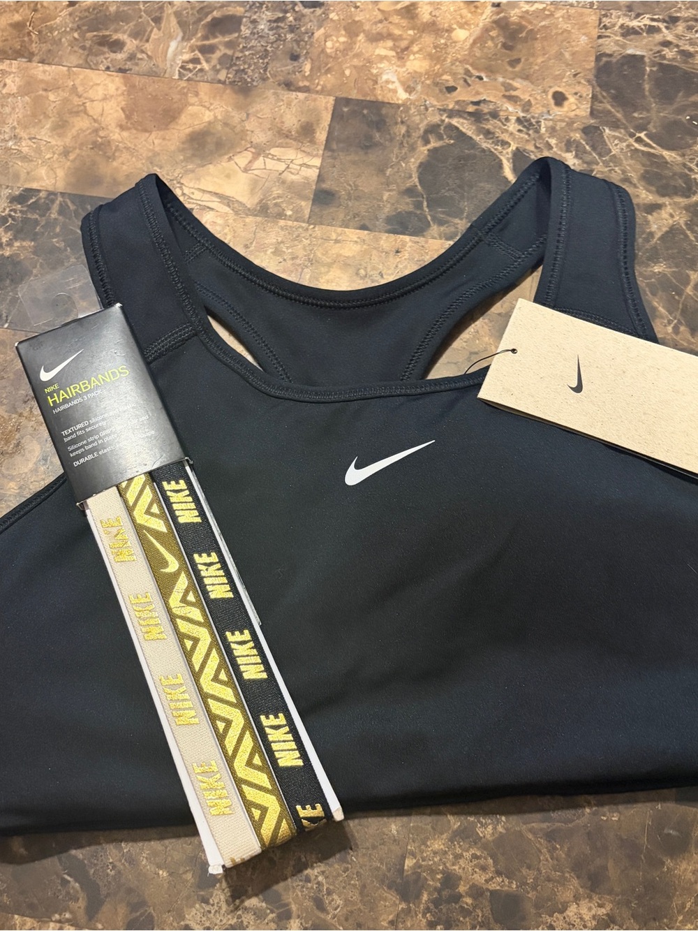 Nike Black Sports Bra with White Swoosh and Black/Gold Branded Hairbands